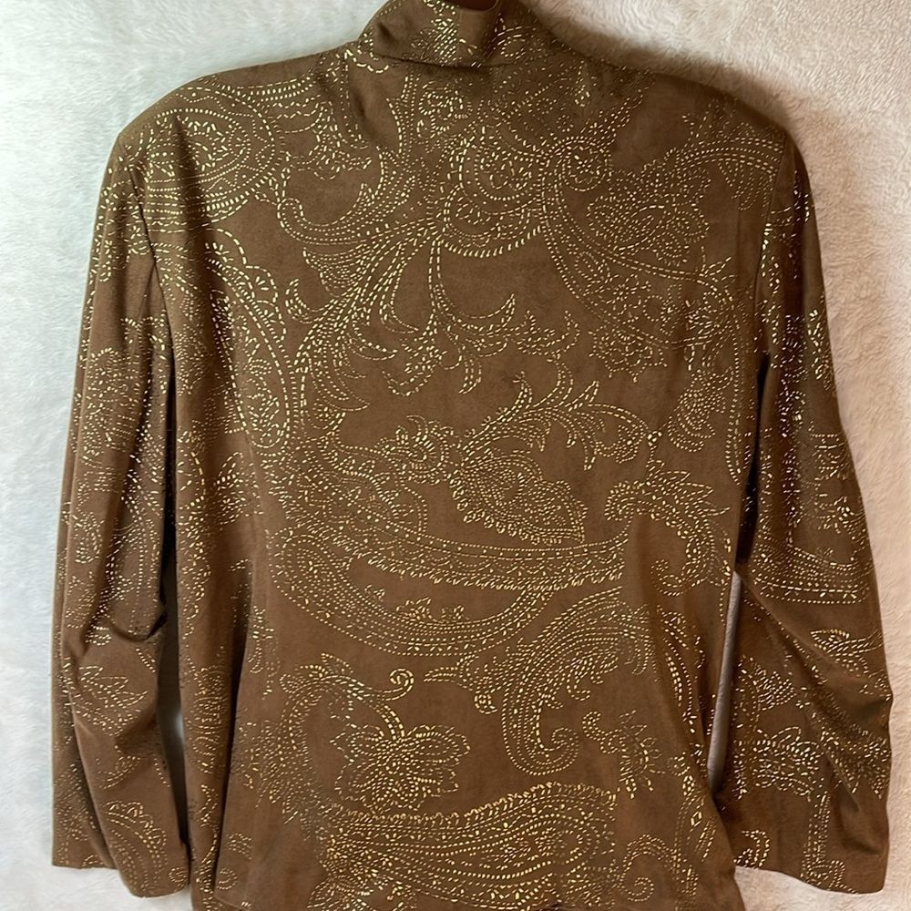 Chico’s Size 3 (L-XL) Tan Faux Suede Jacket | Gold Paisley Embroidered | Boho - Picture 3 of 3